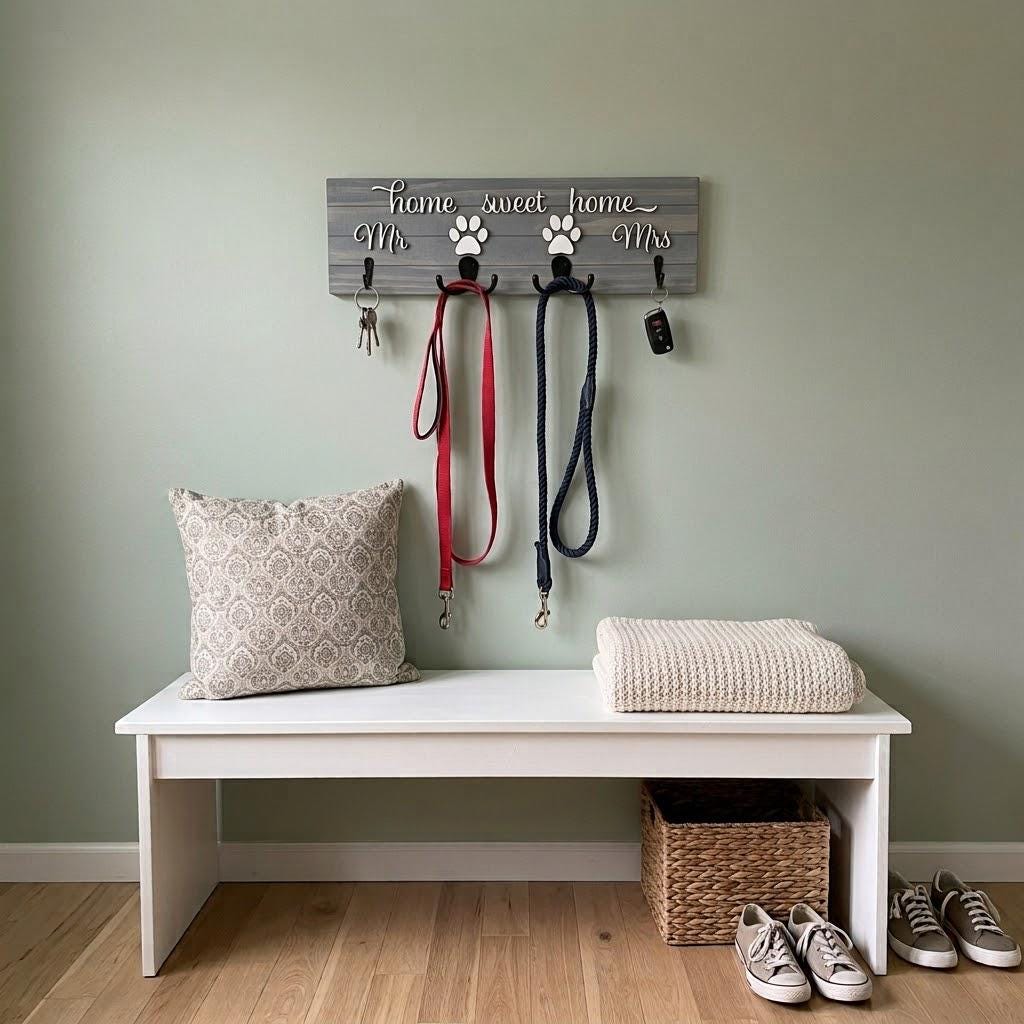 Home sweet home Mr and Mrs wood key and leash holder with white 3D lettering, paws over double hooks and black wall hooks