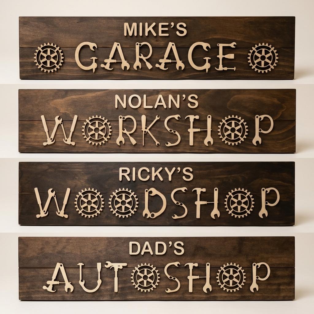Dad's workshop wood sign with raised 3D tool lettering on a stained pine board, handmade gift for dad