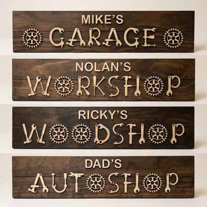 Dad's workshop wood sign with raised 3D tool lettering on a stained pine board, handmade gift for dad