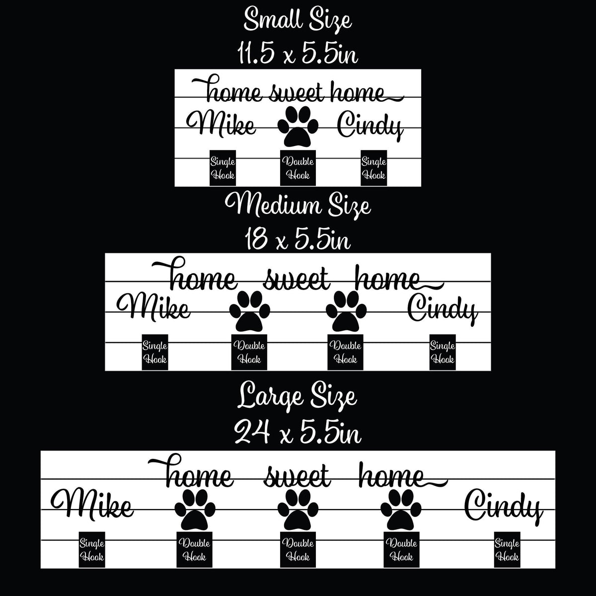 Home sweet home wood key and leash holder with 3D names around a raised white paw and black metal wall hooks