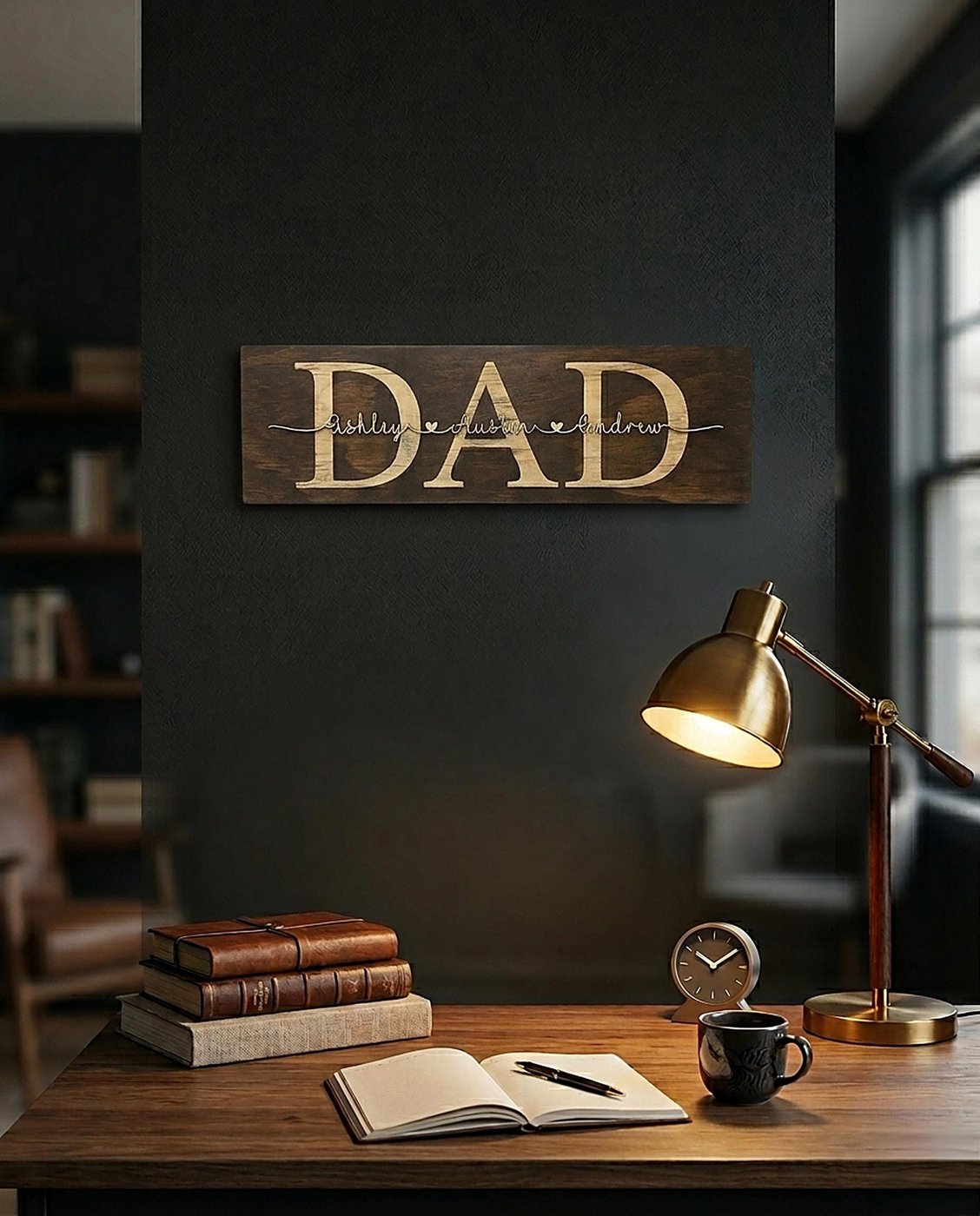 Personalized Walnut wood sign with engraved DAD and kids' names in raised natural 3D script with a thin black outline – photo 8