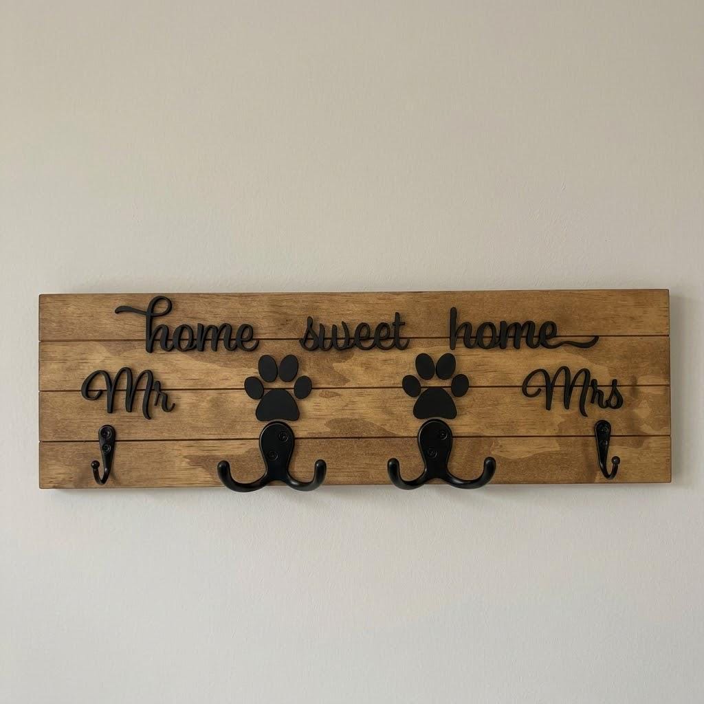 Home sweet home Mr and Mrs wood key and leash holder with white 3D lettering, paws over double hooks and black wall hooks
