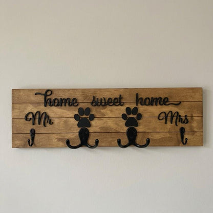 Home sweet home Mr and Mrs wood key and leash holder with white 3D lettering, paws over double hooks and black wall hooks