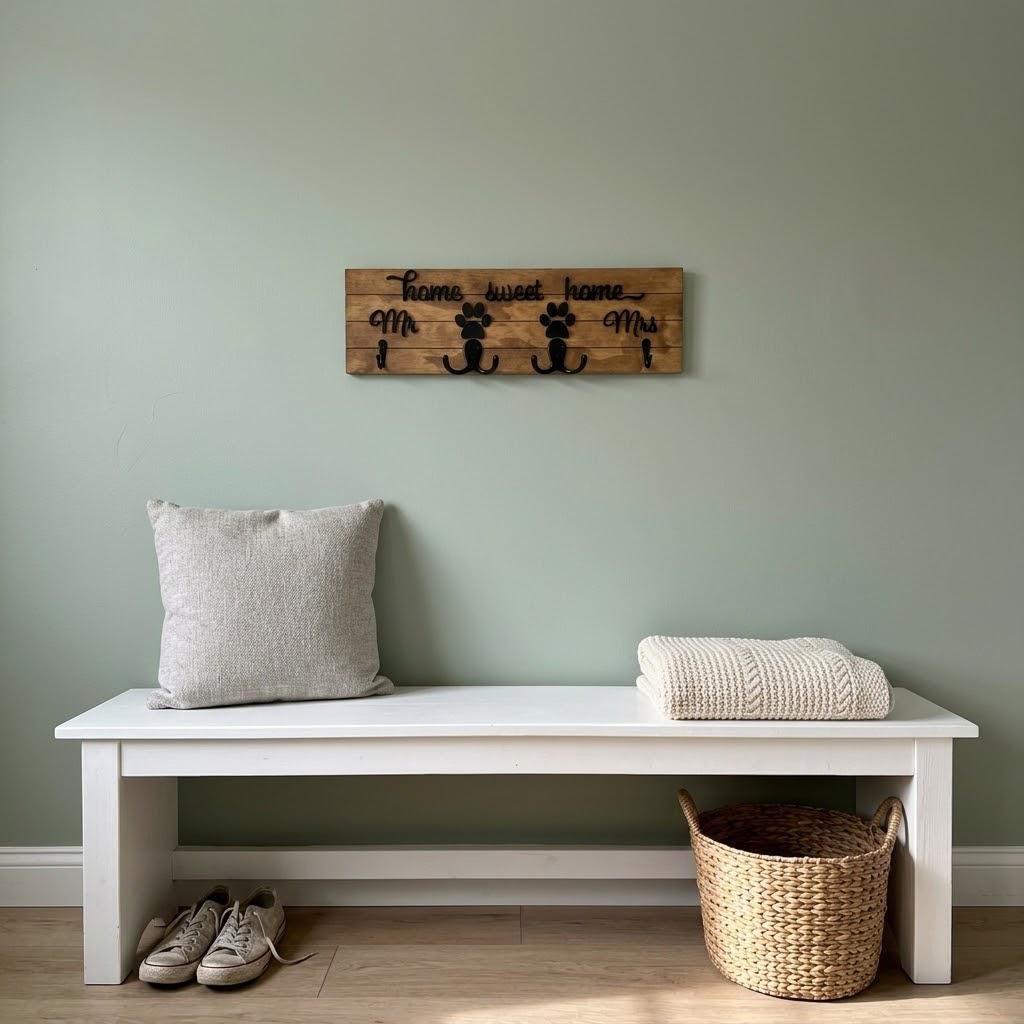 Home sweet home Mr and Mrs wood key and leash holder with white 3D lettering, paws over double hooks and black wall hooks