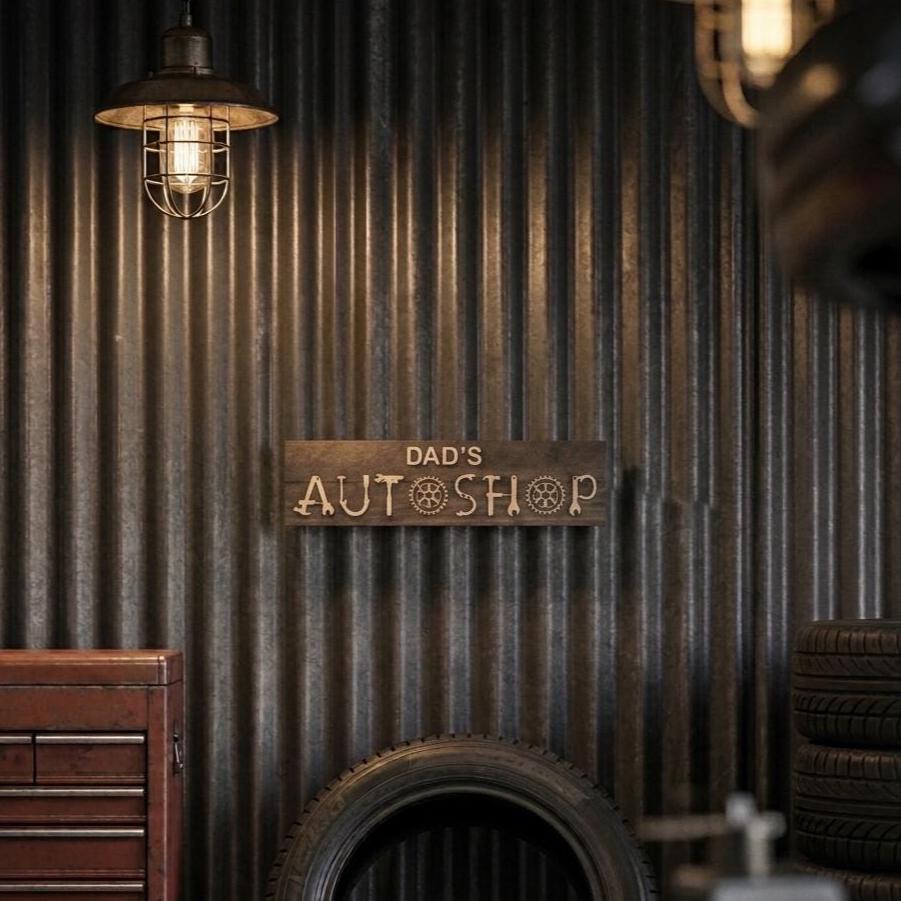 Dad's workshop wood sign with raised 3D tool lettering on a stained pine board, handmade gift for dad