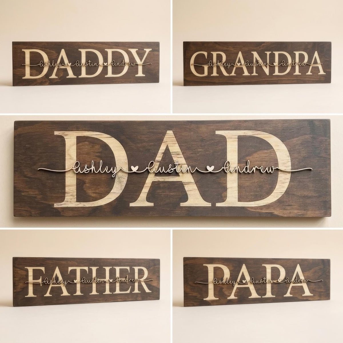 Personalized Walnut wood sign with engraved DAD and kids' names in raised natural 3D script with a thin black outline – photo 10