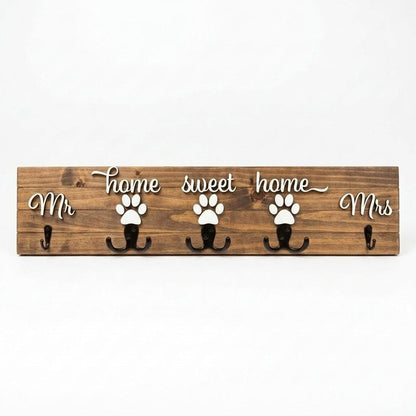Home sweet home Mr and Mrs wood key and leash holder with white 3D lettering, paws over double hooks and black wall hooks