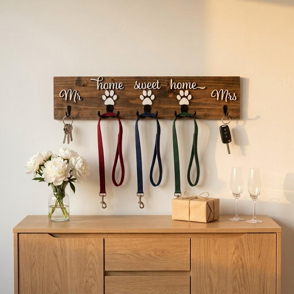 Home sweet home Mr and Mrs wood key and leash holder with white 3D lettering, paws over double hooks and black wall hooks