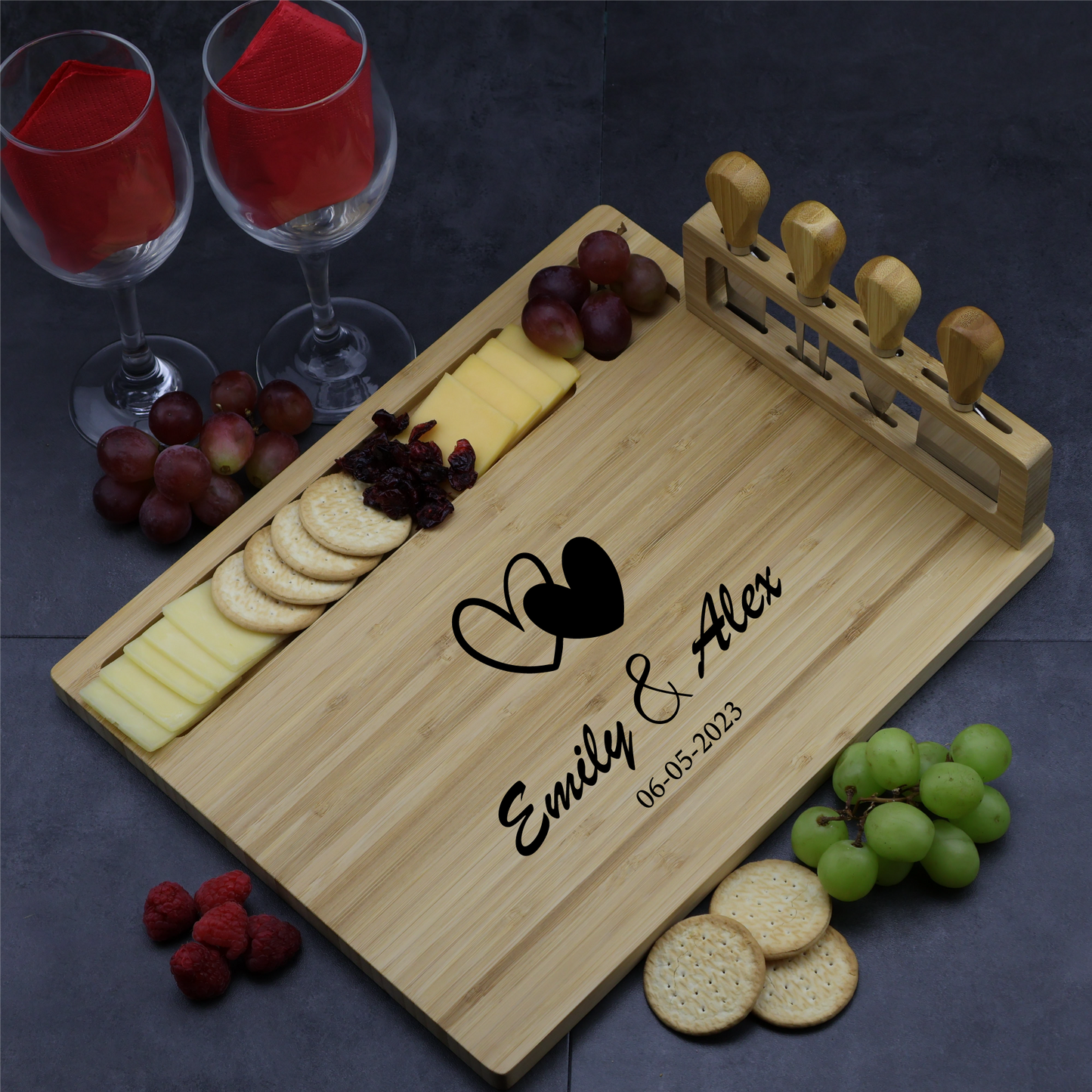 Custom Engraved Charcuterie Board and Utensil Set