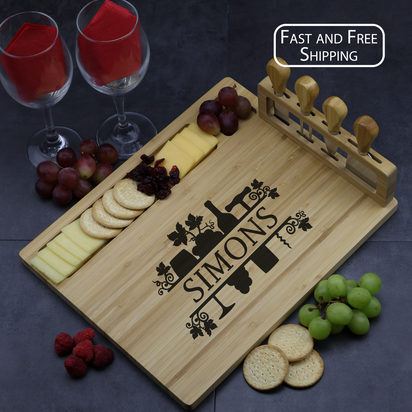 Custom Engraved Charcuterie Board and Utensil Set - Wine Design