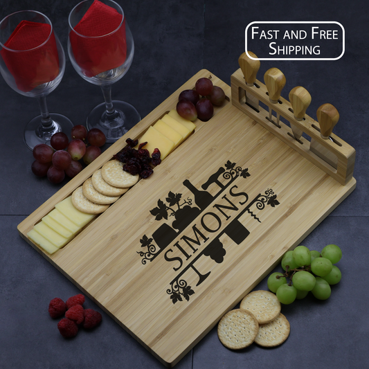 Custom Engraved Charcuterie Board and Utensil Set - Wine Design