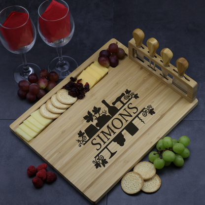 Custom Engraved Charcuterie Board and Utensil Set - Wine Design