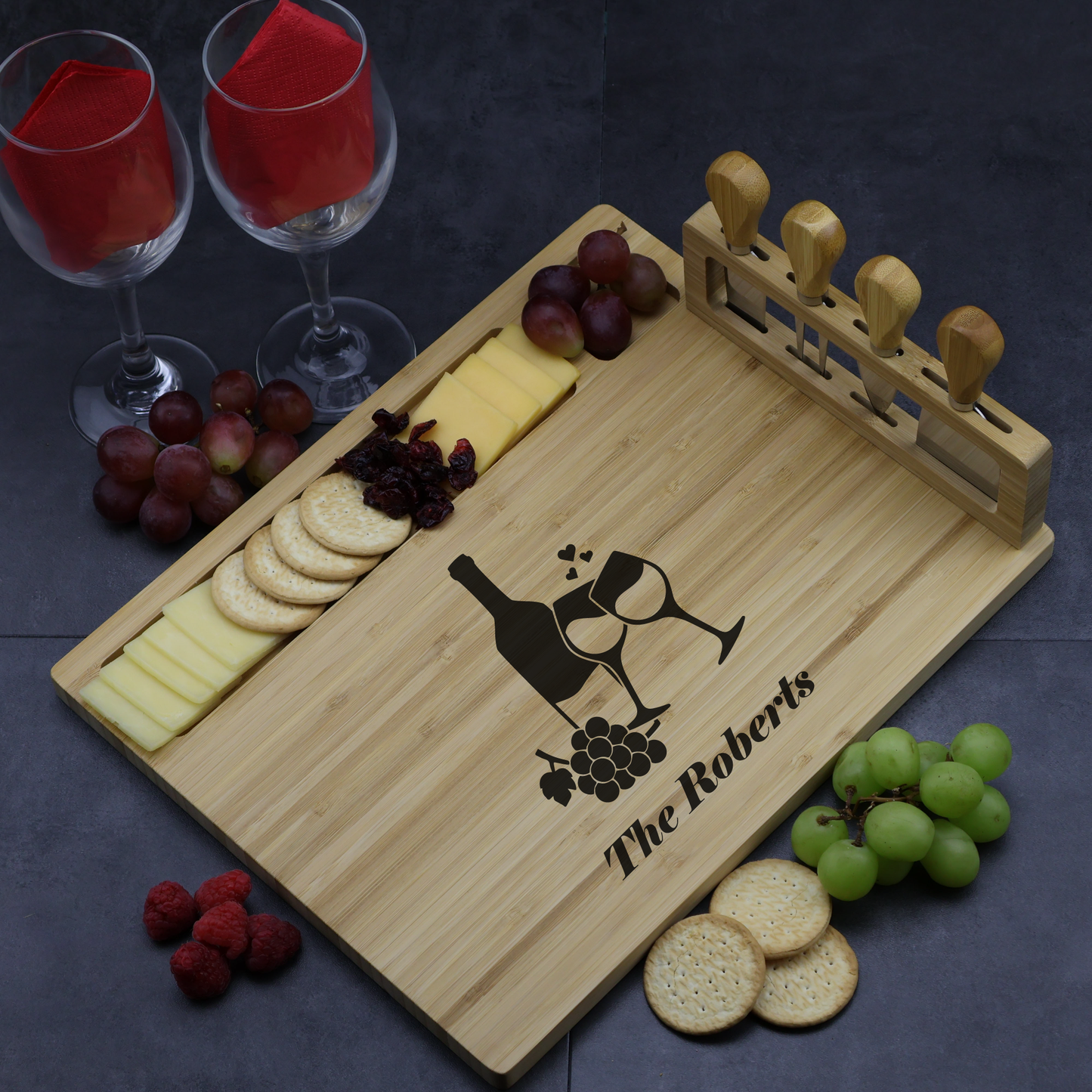 Custom Engraved Charcuterie Board and Utensil Set - Wine Design