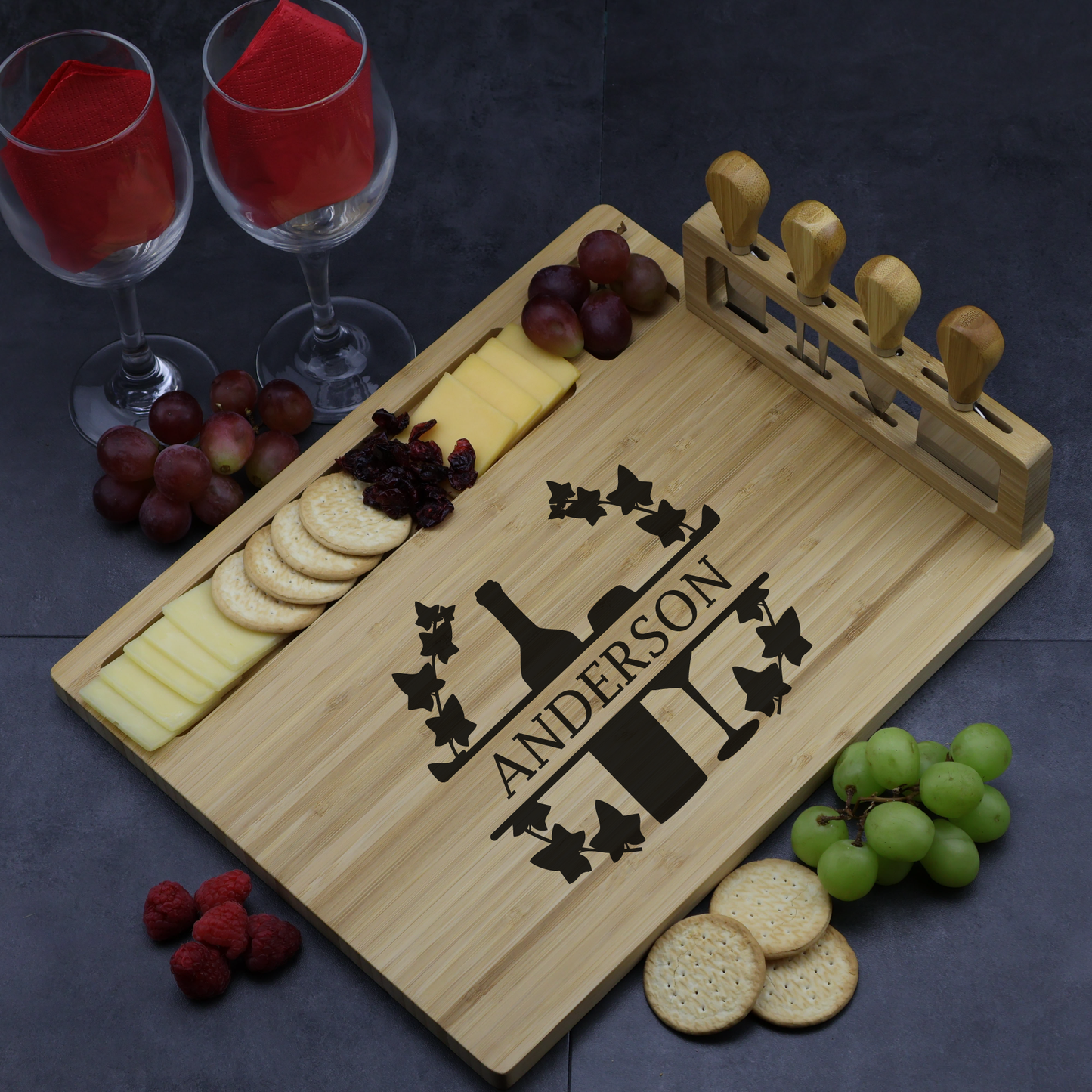 Custom Engraved Charcuterie Board and Utensil Set - Wine Design